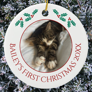 Personalized Pet Cat First Christmas Photo Ceramic Ornament
