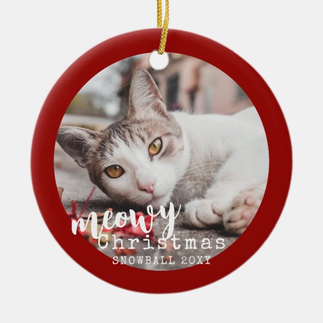 Personalized Pet Cat Photo Meowy Christmas Ceramic Ornament (Front)