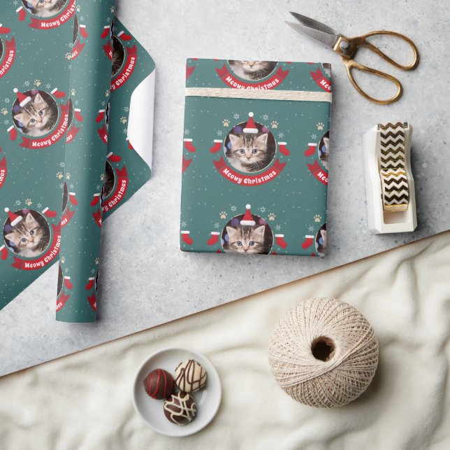 Personalized Pet Cat Photo Meowy Christmas Holiday Wrapping Paper (Crafts)