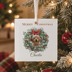 Personalized Pet Christmas with Wreath & Name Glass Ornament