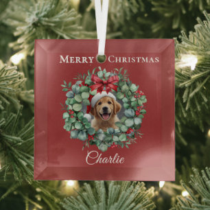 Personalized Pet Christmas with Wreath & Name Glass Ornament