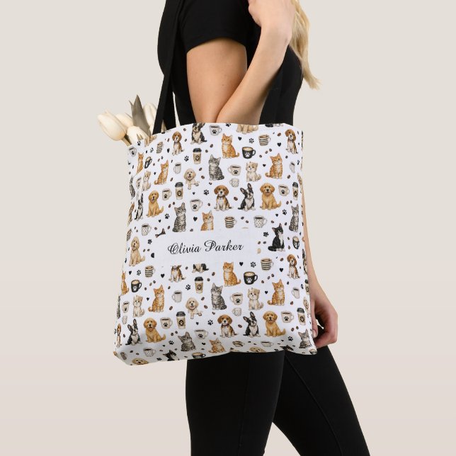 Personalized Pet & Coffee Pattern Custom Name Tote Bag (Close Up)
