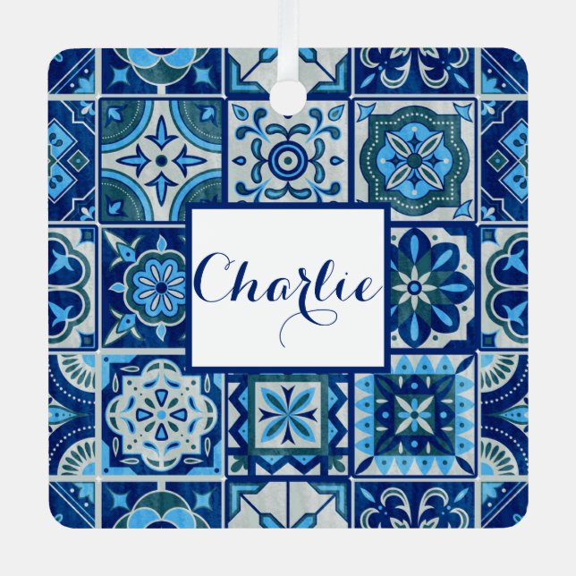 Personalized pet dog custom name azulejos  metal ornament (Front)