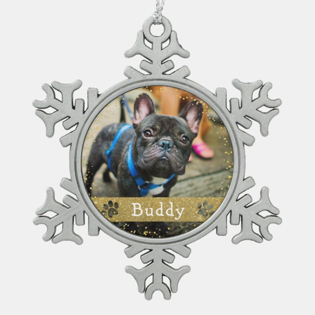 Personalized Pet Dog Photo Snowflake Pewter Christmas Ornament (Front)