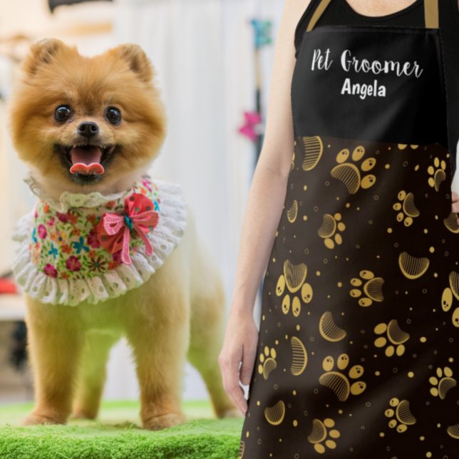 Personalized Pet Groomer Black Gold Paw   Apron (Creator Uploaded)