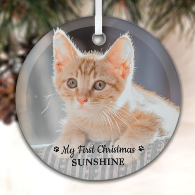 Personalized Pet Kitten Photo Cat First Christmas Glass Ornament (Creator Uploaded)