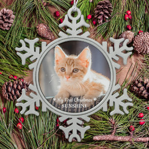 Personalized Pet Kitten Photo Cat First Christmas Snowflake Pewter Christmas Ornament
