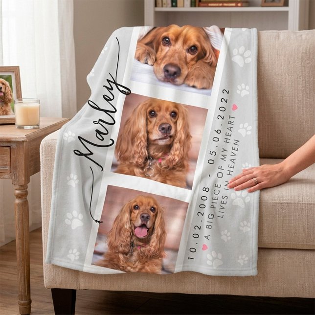 Personalized Pet Memorial Photo Collage Fleece Blanket (Pet Memorial Custom Photo Collage with Paw Prints Fleece Blanket)