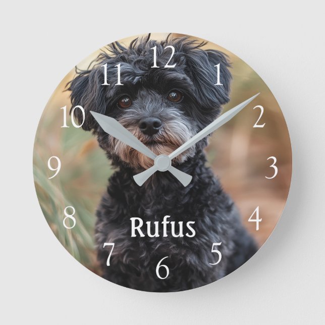 Personalized Pet Name Photo Large White Numbers Round Clock (Front)