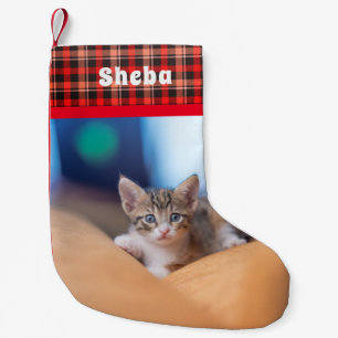 Personalized Pet Name Photo Red Plaid Small Christmas Stocking