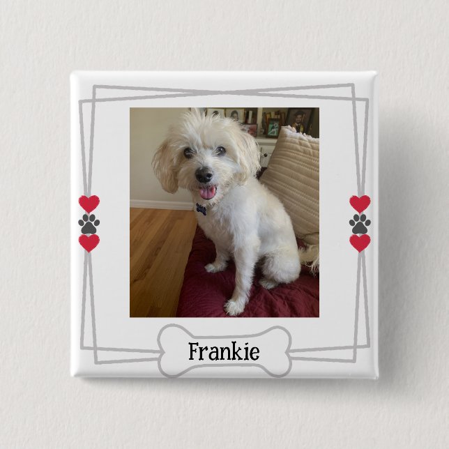 Personalized pet photo button with hearts and paws (Front)