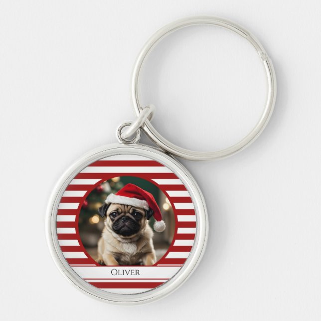 Personalized Pet Photo Candy Cane Red Stripes Keychain (Front)
