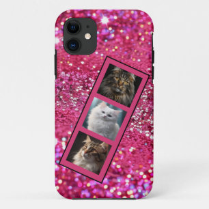 Personalized Pet Photo Collage Girly Pink Glitter iPhone 11 Case