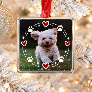 Personalized Pet Photo Cute Dog Paw Prints Hearts Metal Ornament