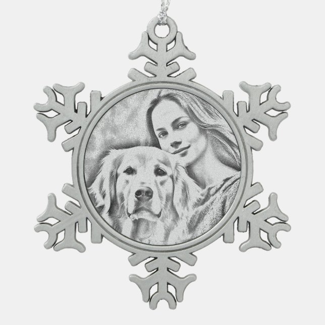 Personalized Pet Photo Dog Lover Keepsake Keychain Snowflake Pewter Christmas Ornament (Front)