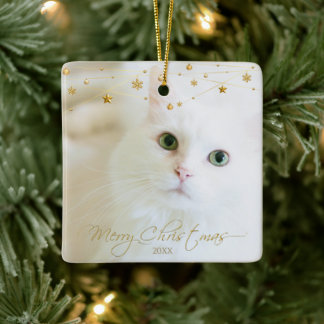 Personalized Pet Photo Golden Christmas Script Ceramic Ornament
