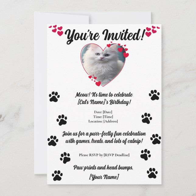 Personalized Pet Photo Paw Prints and Hearts Decor Invitation (Front)