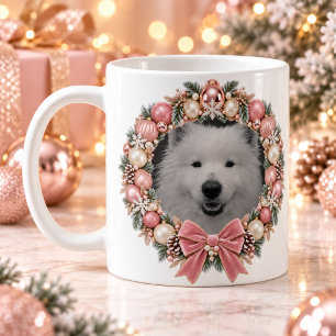 Personalized Pet Photo Pink Christmas Wreath Mug