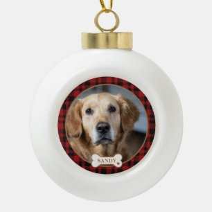 Personalized Pet Photo Red Plaid Christmas Ceramic Ball Christmas Ornament