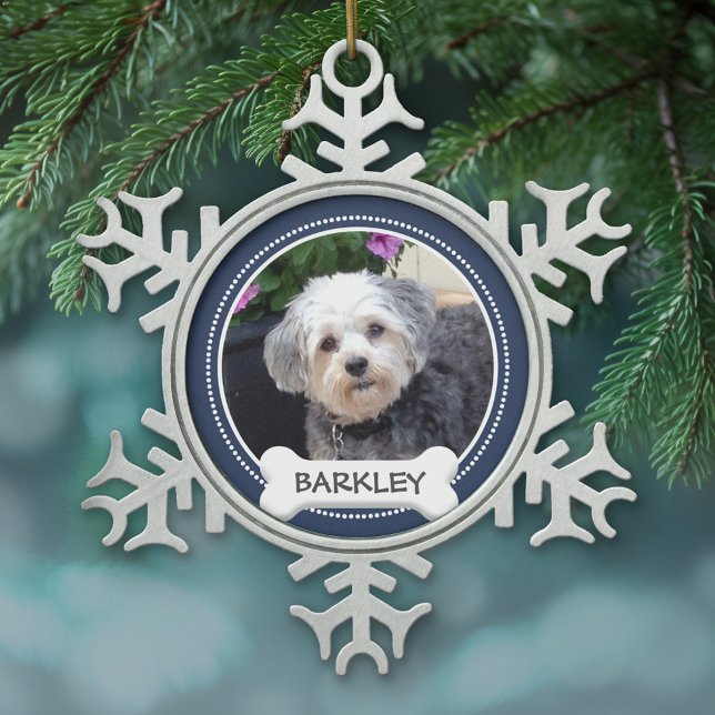 Personalized Pet Photo with Dog Bone Snowflake Pewter Christmas Ornament (Personalized pewter Christmas Ornament - Pet Photo)