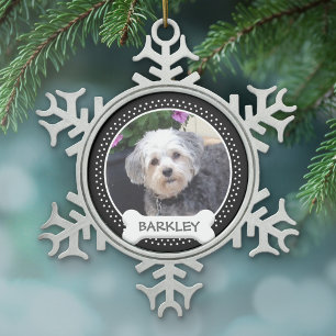 Personalized Pet Photo with Dog Bone Snowflake Pewter Christmas Ornament