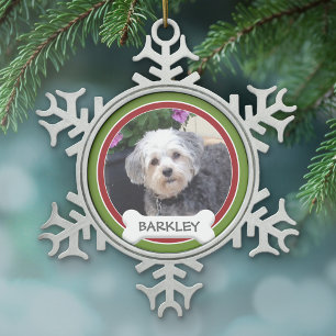 Personalized Pet Photo with Dog Bone Snowflake Pewter Christmas Ornament