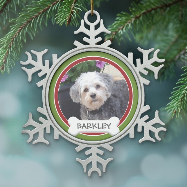 Personalized Pet Photo with Dog Bone Snowflake Pewter Christmas Ornament (A photo ornament with a simple frame for a pet photo)