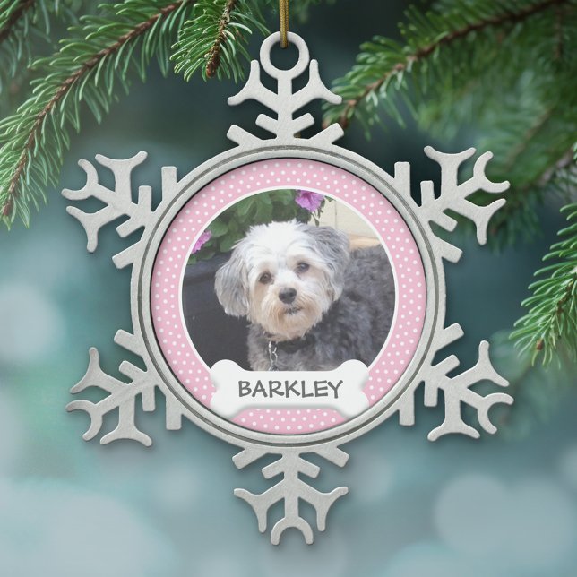 Personalized Pet Photo with Dog Bone Snowflake Pewter Christmas Ornament (A photo ornament with a simple frame for a pet dog photo)