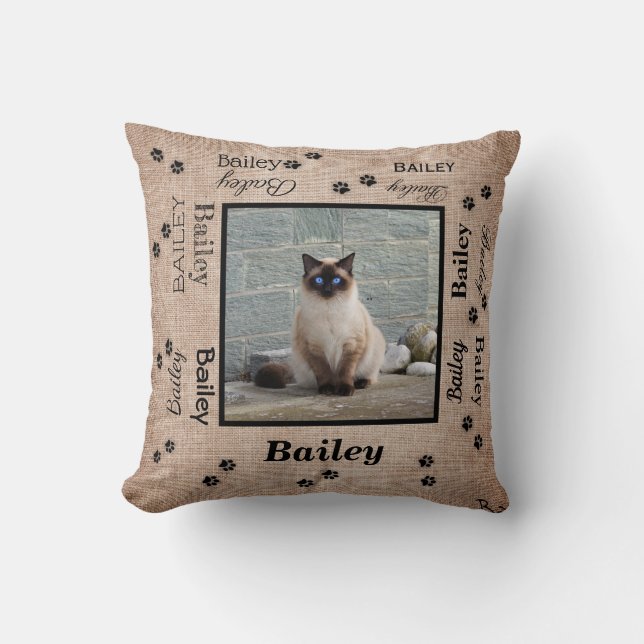 Personalized Pet Photo With Names And Pawprints Throw Pillow (Front)