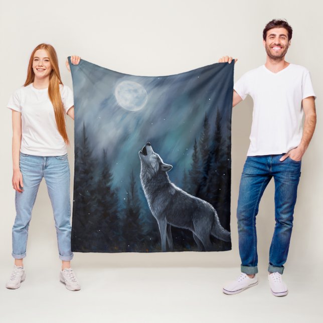 Personalized Pet Photo | Wolf Howling At The Moon Fleece Blanket (In Situ)