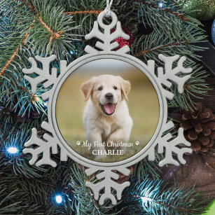 Personalized Pet Puppy Photo Dog First Christmas Snowflake Pewter Christmas Ornament