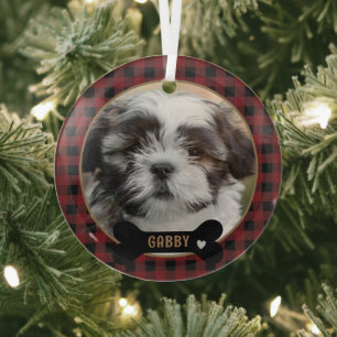 Personalized Pet Red Plaid Christmas Glass Ornament