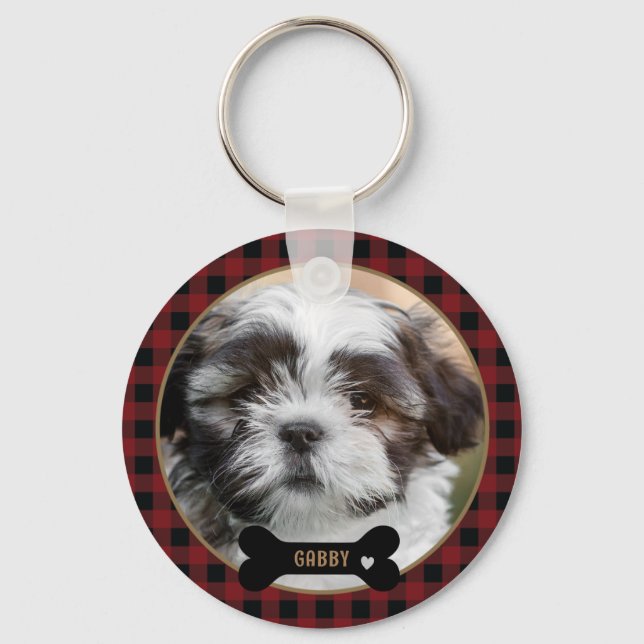 Personalized Pet  Red Plaid photo Keychain (Front)