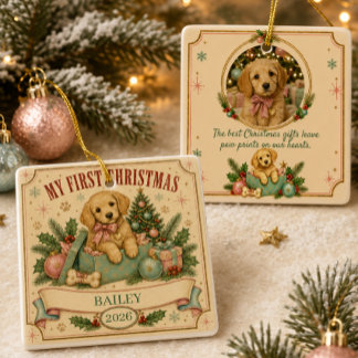 Personalized Pet’s First Christmas 2026 Retro  Ceramic Ornament