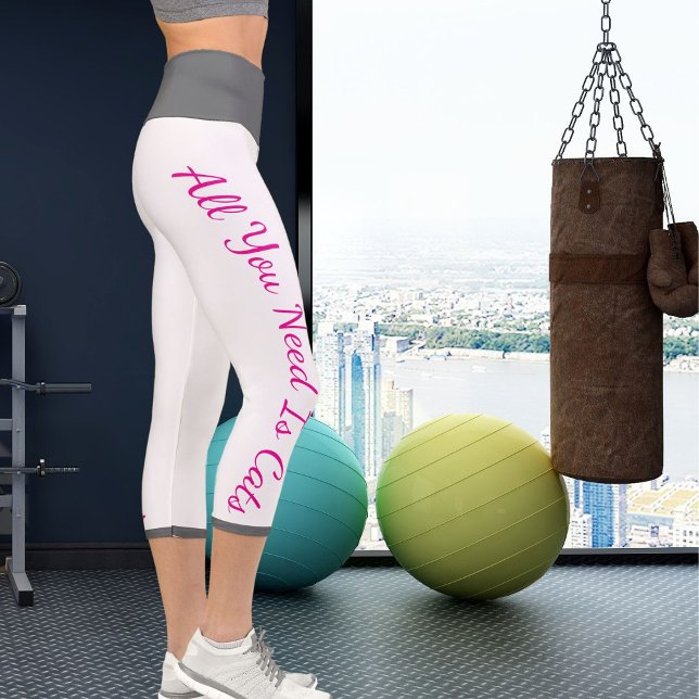 Personalized Pet-Themed Workout Pink Grey White Capri Leggings (Creator Uploaded)