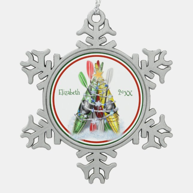 personalized pewter kayaking Christmas ornament (Front)