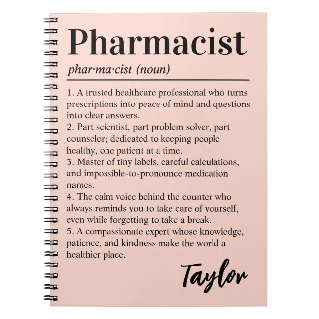 Personalized Pharmacist Definition Blush Pink Gift Notebook (Front)