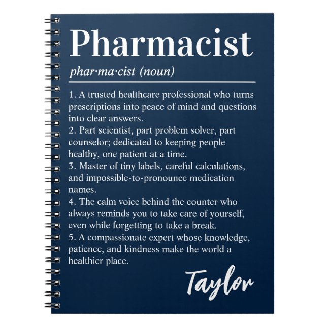 Personalized Pharmacist Definition Dark Navy Gift Notebook (Front)