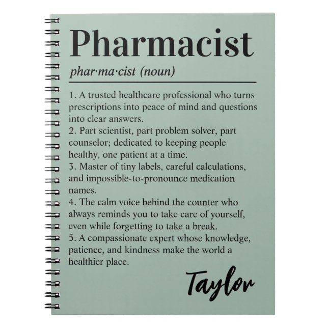 Personalized Pharmacist Definition Sage Green Gift Notebook (Front)