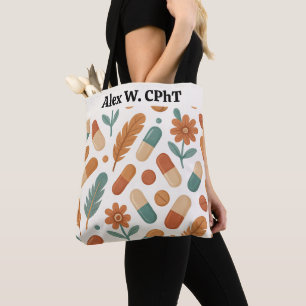 Personalized Pharmacy Tote Bag Boho Daisy Feathers