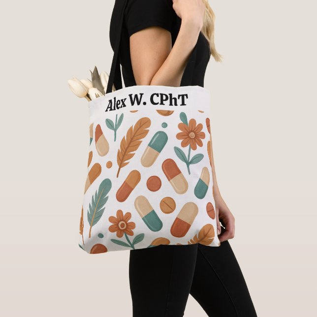Personalized Pharmacy Tote Bag Boho Daisy Feathers (Close Up)
