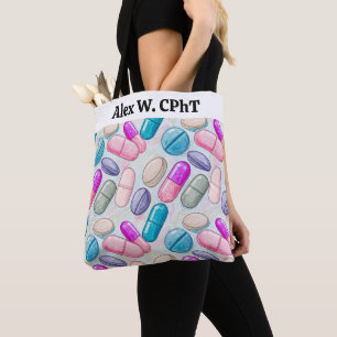 Personalized Pharmacy Tote Bag Pink Grey Pills
