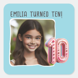 Personalized Photo 10th Birthday Party Square Sticker
