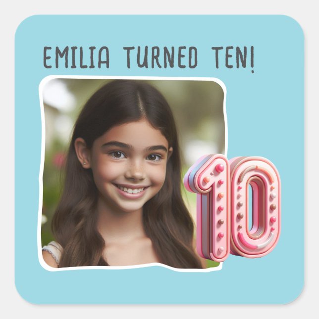 Personalized Photo 10th Birthday Party Square Sticker (Front)