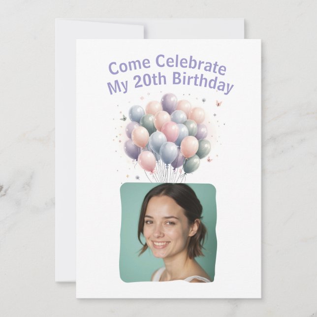 Personalized Photo 20th Birthday Balloons Invitati Invitation (Front)