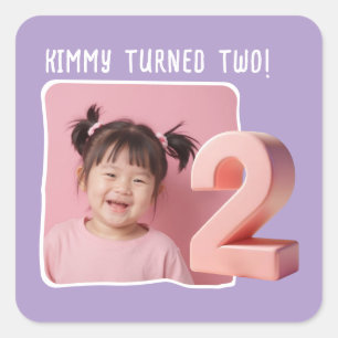 Personalized Photo 2nd Birthday Party Square Sticker