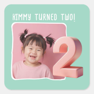 Personalized Photo 2nd Birthday Party Square Sticker