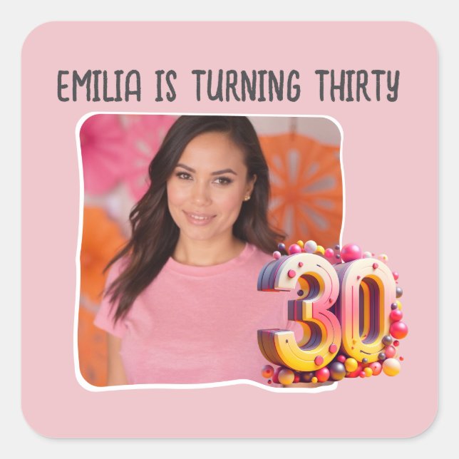 Personalized Photo 30th Birthday Party Square Sticker (Front)