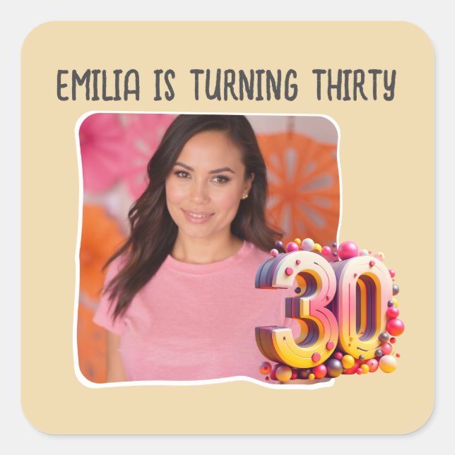 Personalized Photo 30th Birthday Party Square Sticker (Front)