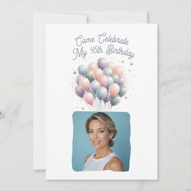 Personalized Photo 45th Birthday Balloons Invitation (Front)